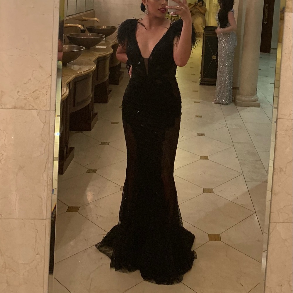 SOLD Portia and Scarlett Black Gorgeous gown with feathers